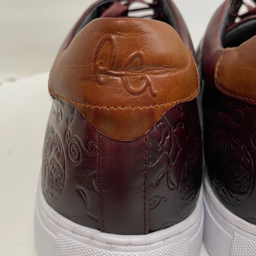 Robert‎ Graham Mens 10.5 Burgundy Embossed Skull Floral Leather Sneakers